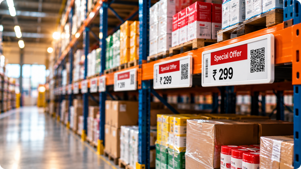 Warehouse Aisle with Special Offer Shelves